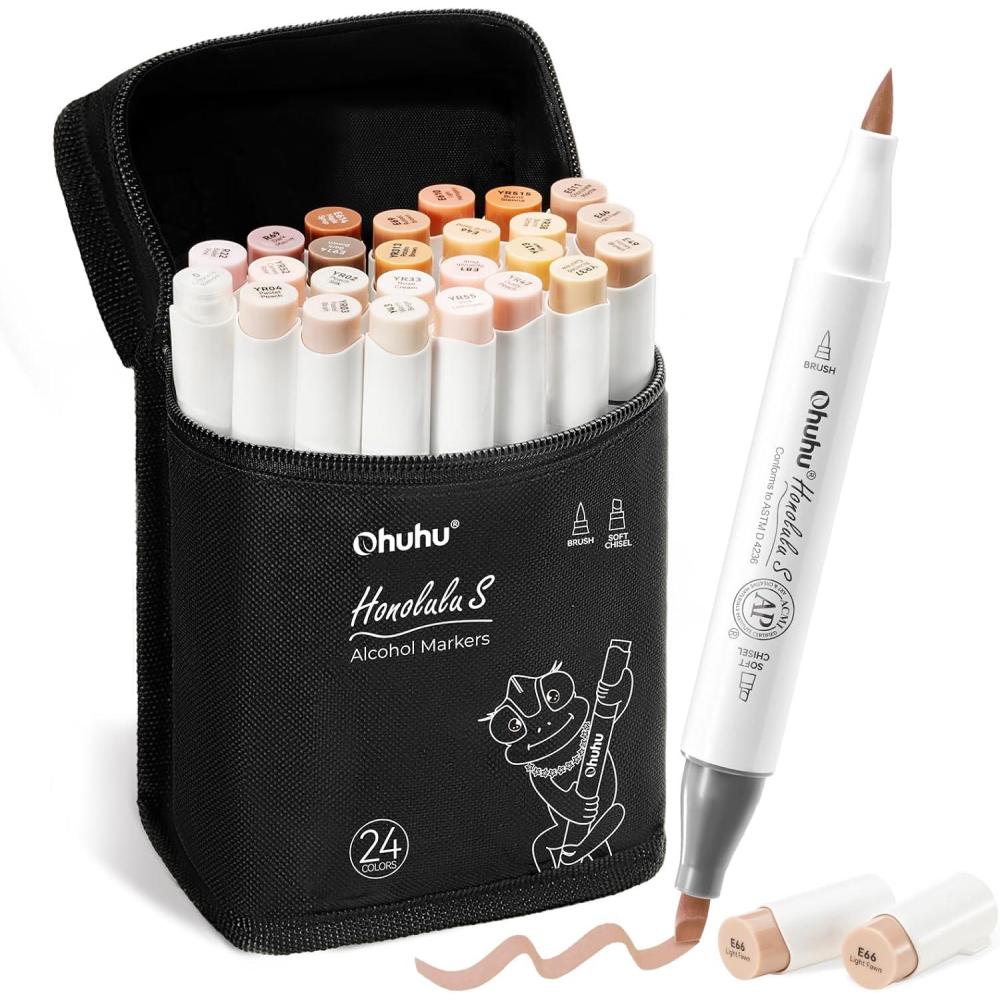 imageOhuhu Skin Tone Alcohol Markers Brush Tip  24 Portrait Color Markers for Artist Adults Coloring Illustration  Chisel ampamp Brush  Honolulu  RefillableBrush Soft Chisel