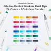 Ohuhu Alcohol Markers Brush Tip, Double Tipped Alcohol Based Art Marker Set for Artist Sketching Adult Coloring Illustration – 24 Basic Colors w/ 1 Colorless Blender – Brush & Fine – Honolulu B(Brush & Chisel)