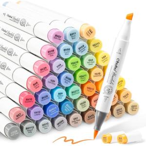 Ohuhu Alcohol Brush Markers 48 Mid-tone Colors- Double Tipped Alcohol Based Art Marker Set for Artists Adults Coloring Sketch Illustration- Brush & Fine Dual Tips- Honolulu B- Refillable(Chisel & Brush)