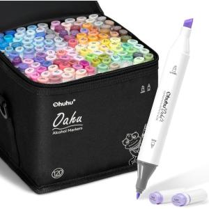 Ohuhu Alcohol Markers, 120-color Marker Set for Artists, Oahu Series, Double Tipped Alcohol Based Art Markers for Adults Coloring Sketching Illustration, Marker Case, Fine & Chisel