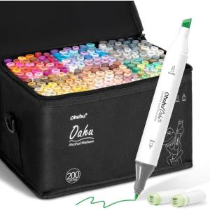 Ohuhu Alcohol Markers 200 Colors – Double Tipped Art Drawing Marker Set for Artists Adults Coloring Sketch Illustration – Chisel & Fine Dual Tip – Oahu of Ohuhu Markers – Alcohol-based Refillable Ink