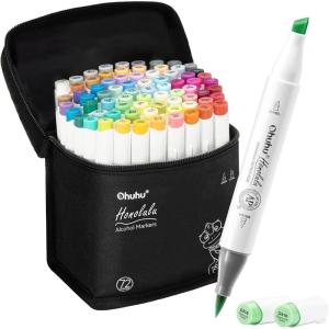 Ohuhu Alcohol Markers Brush Tip – Double Tipped Art Marker Set for Artist Adults Coloring Illustration- 72 Colors- Alcohol-based Refillable Ink – Fine & Brush Dual Tips – Honolulu B of Ohuhu Markers(Chisel & Brush)