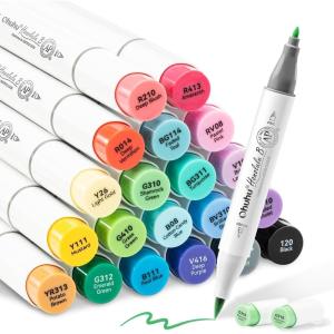 Ohuhu Alcohol Markers Brush Tip, Double Tipped Alcohol Based Art Marker Set for Artist Sketching Adult Coloring Illustration – 24 Basic Colors w/ 1 Colorless Blender – Brush & Fine – Honolulu B(Brush & Fine)