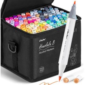 Ohuhu Alcohol Markers Brush Tip -Double Tipped Art Marker Set for Artist Adults Coloring Illustration – 120 Colors- Brush & Chisel Dual Tips- Honolulu of Ohuhu Markers- Refillable Alcohol-based Ink(Fine & Brush)