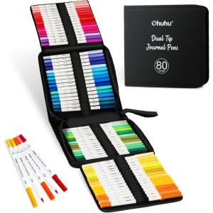Ohuhu Markers for Adults Coloring Books 80 Colors Coloring Markers Pens for Journaling Water-Based Dual Tips Extra Fine & Brush Art Markers for Calligraphy Lettering Card-making(80 Colors)