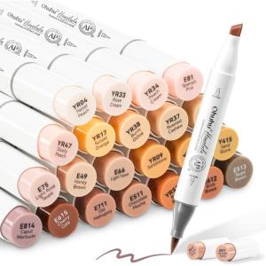 Ohuhu Skin Tone Alcohol Markers Brush Tip – 24 Portrait Color Markers for Artist Adults Coloring Illustration – Chisel & Brush – Honolulu – Refillable(Chisel & Brush)