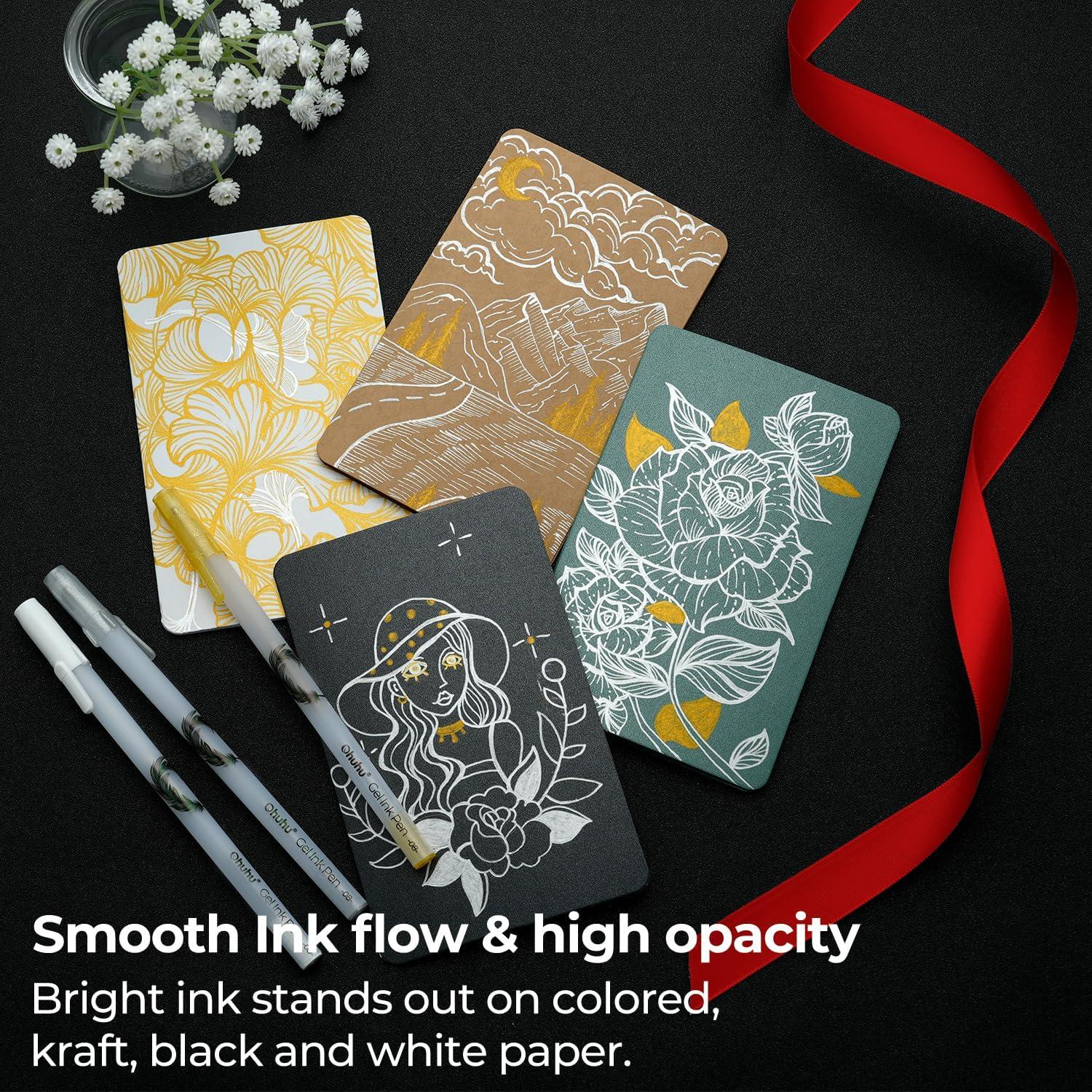 imageOhuhu Gold Silver White Gel Pens 12 Pack Extra Fine Point Pens Opaque Gel Ink Pens Smooth White Ink Pens for Highlight Black Paper Art Drawing Sketching Scrapbook Illustration Bullet Journal Leahi