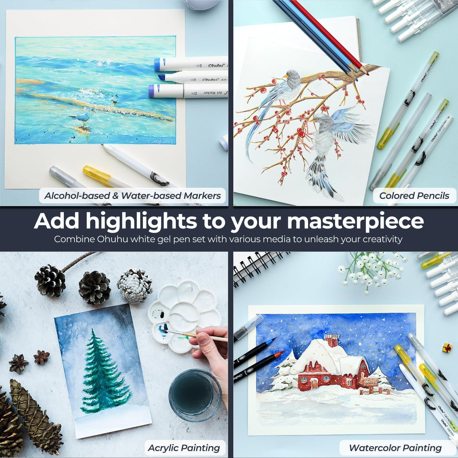 imageOhuhu Gold Silver White Gel Pens 12 Pack Extra Fine Point Pens Opaque Gel Ink Pens Smooth White Ink Pens for Highlight Black Paper Art Drawing Sketching Scrapbook Illustration Bullet Journal Leahi