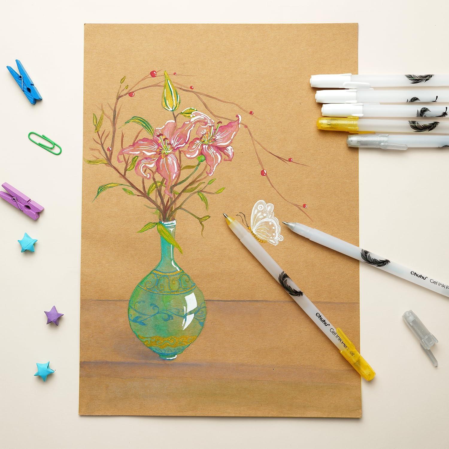 imageOhuhu Gold Silver White Gel Pens 12 Pack Extra Fine Point Gel Ink Pens Opaque Smooth for Highlight Black Paper Art Drawing Sketching Scrapbook Illustration Bullet Journal Leahi Colored Ink PenWhite Ink Pen