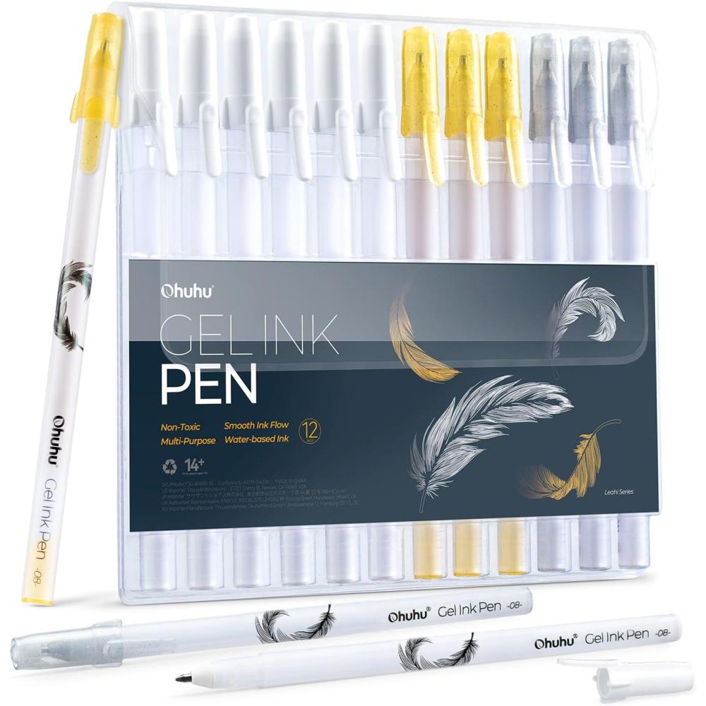 imageOhuhu Gold Silver White Gel Pens 12 Pack Extra Fine Point Gel Ink Pens Opaque Smooth for Highlight Black Paper Art Drawing Sketching Scrapbook Illustration Bullet Journal Leahi Colored Ink PenWhite Ink Pen