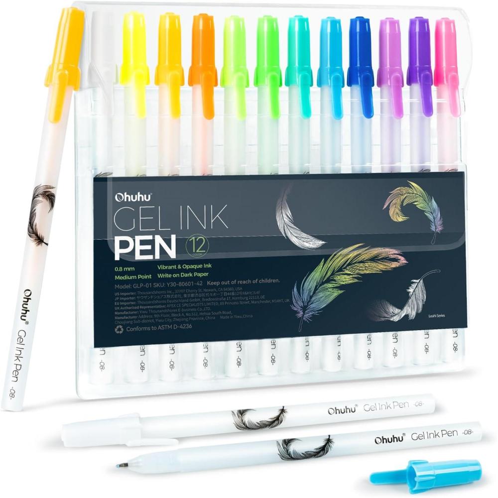 imageOhuhu Gold Silver White Gel Pens 12 Pack Extra Fine Point Gel Ink Pens Opaque Smooth for Highlight Black Paper Art Drawing Sketching Scrapbook Illustration Bullet Journal Leahi Colored Ink PenColored Ink Pen