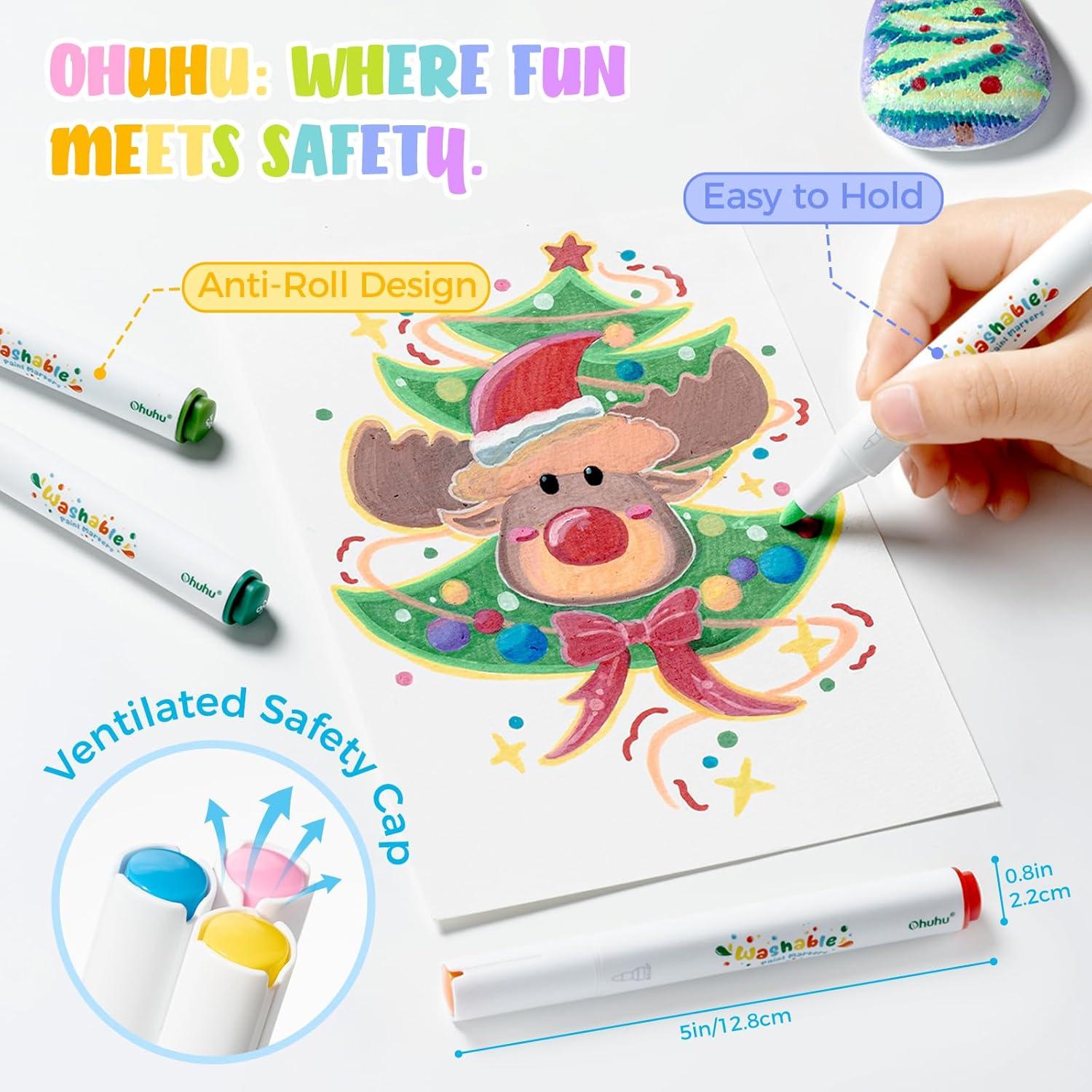 imageOhuhu Washable Acrylic Paint Markers for Kids Bullet Tip Paint Pens for Rock Painting Easter Eggs Wood Glass Ceramic Canvas Washable Markers for Kids School Classroom Supplies Ages 314