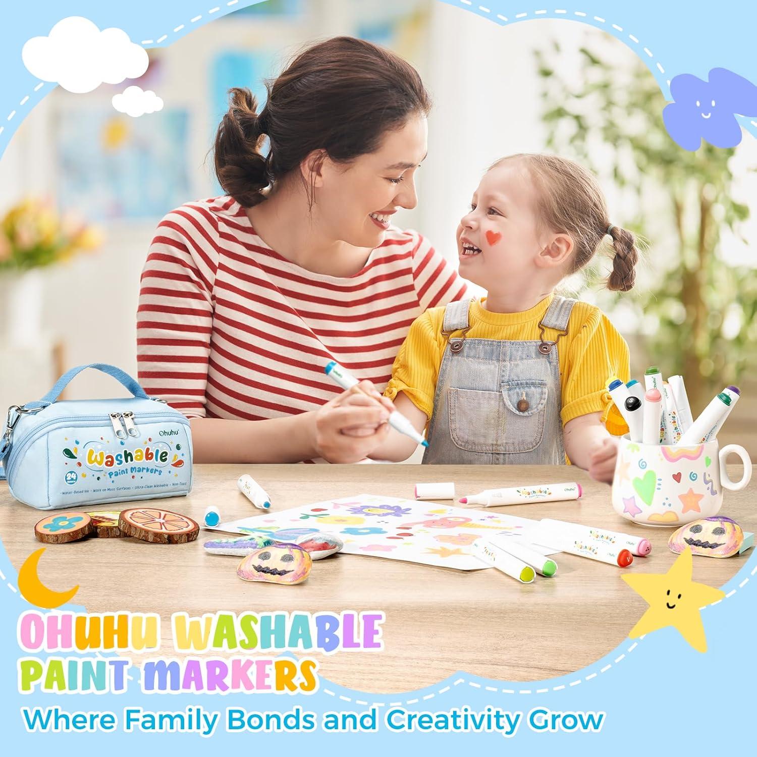 imageOhuhu Washable Acrylic Paint Markers for Kids Bullet Tip Paint Pens for Rock Painting Easter Eggs Wood Glass Ceramic Canvas Washable Markers for Kids School Classroom Supplies Ages 314