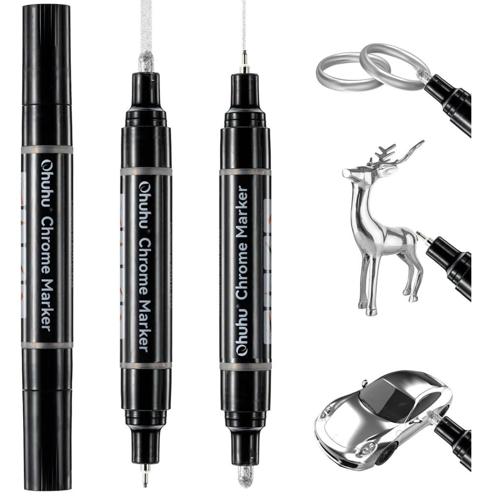 imageOhuhu Chrome Paint Pen 3 PCS Silver Liquid Chrome Markers with Gloss Mirror WaterProof Lightfast Permanent Paint Markers for Repairing Metal Glass Plastic Car Tire DIY Crafts3