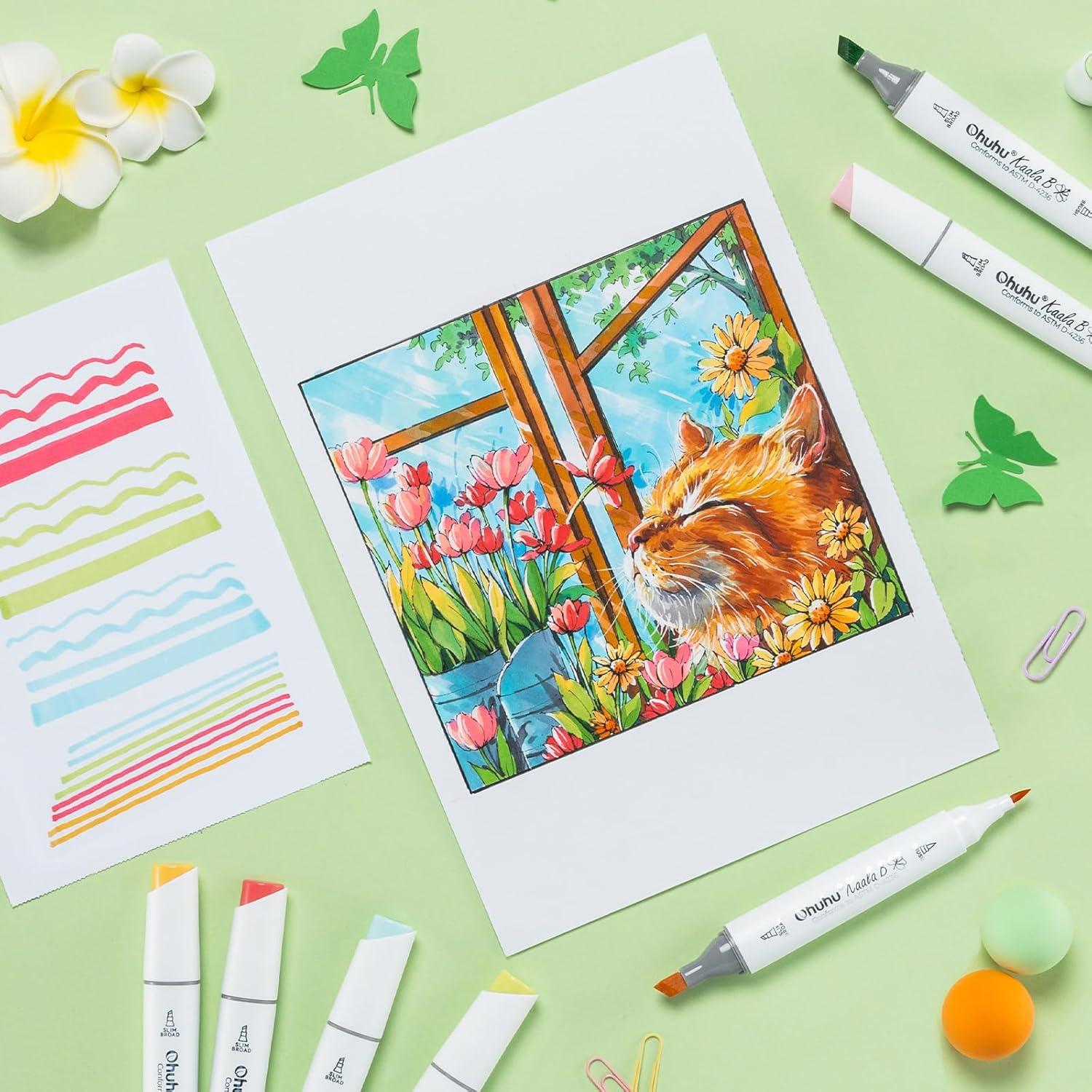 imageOhuhu Alcohol Markers Mini Brush ampamp Slim Broad 60 Landscape Colors Dual Tip Brush Tip Alcoholbased Art Marker for Artists Adults Coloring Illustration Refillable Kaala B Series of Ohuhu Markers60 Landscape Colors