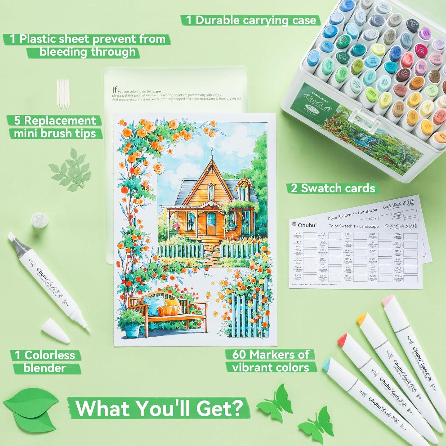 imageOhuhu Alcohol Markers Mini Brush ampamp Slim Broad 60 Landscape Colors Dual Tip Brush Tip Alcoholbased Art Marker for Artists Adults Coloring Illustration Refillable Kaala B Series of Ohuhu Markers60 Landscape Colors