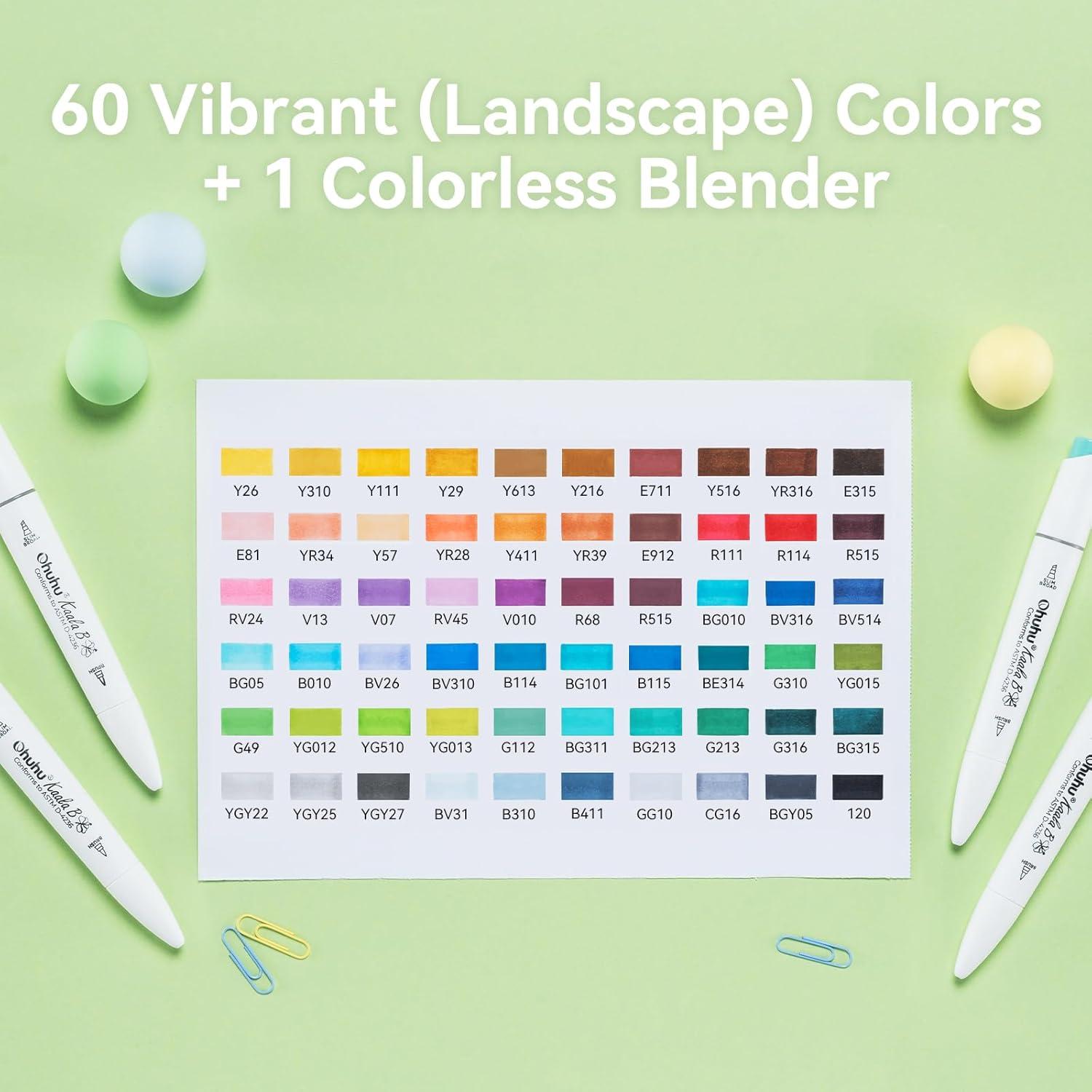 imageOhuhu Alcohol Markers Mini Brush ampamp Slim Broad 60 Landscape Colors Dual Tip Brush Tip Alcoholbased Art Marker for Artists Adults Coloring Illustration Refillable Kaala B Series of Ohuhu Markers60 Landscape Colors