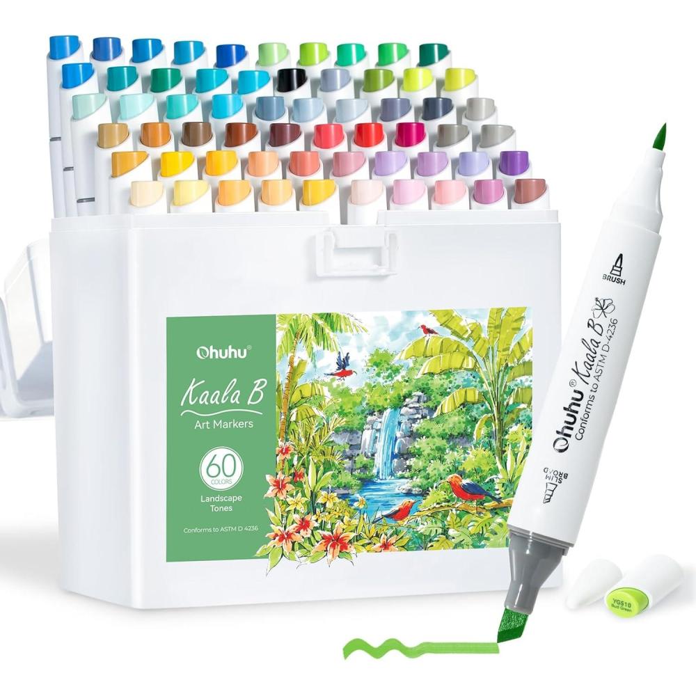 imageOhuhu Alcohol Markers Mini Brush ampamp Slim Broad 60 Landscape Colors Dual Tip Brush Tip Alcoholbased Art Marker for Artists Adults Coloring Illustration Refillable Kaala B Series of Ohuhu Markers60 Landscape Colors