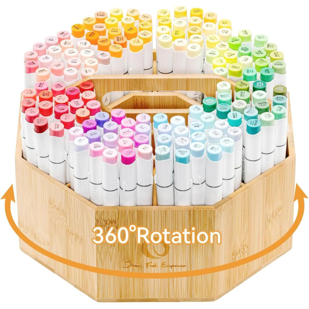 imageOhuhu Rotating Marker Organizer for Alcohol Markers 360Degree Rotating Bamboo Storage Hold 162 Honoluluampamp B Alcohol Markers Pens Pencil Holder with 8 Compartments for Home Classroom Office Decor