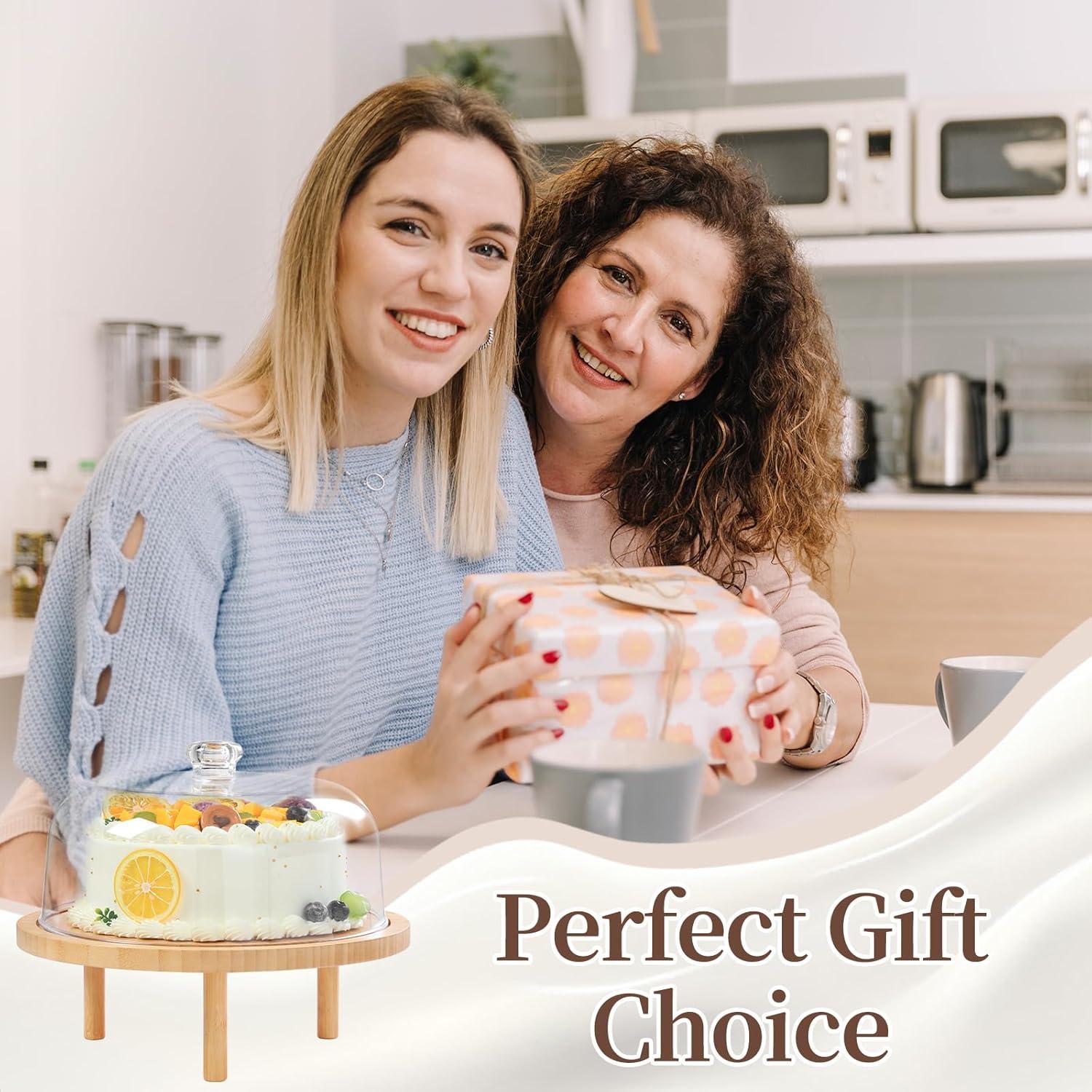 imageOhuhu Cake Stand with Lid Bamboo 2in1 Cake Turntable Cake Holder Plate Serving Platter with Acrylic Dome Three Detachable Supports for Birthday Kitchen Party Baking Decorative Mothers Day Gifts