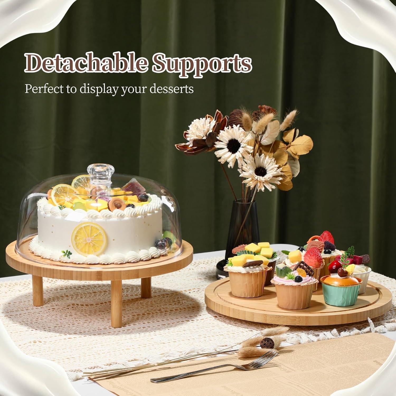 imageOhuhu Cake Stand with Lid Bamboo 2in1 Cake Turntable Cake Holder Plate Serving Platter with Acrylic Dome Three Detachable Supports for Birthday Kitchen Party Baking Decorative Mothers Day Gifts
