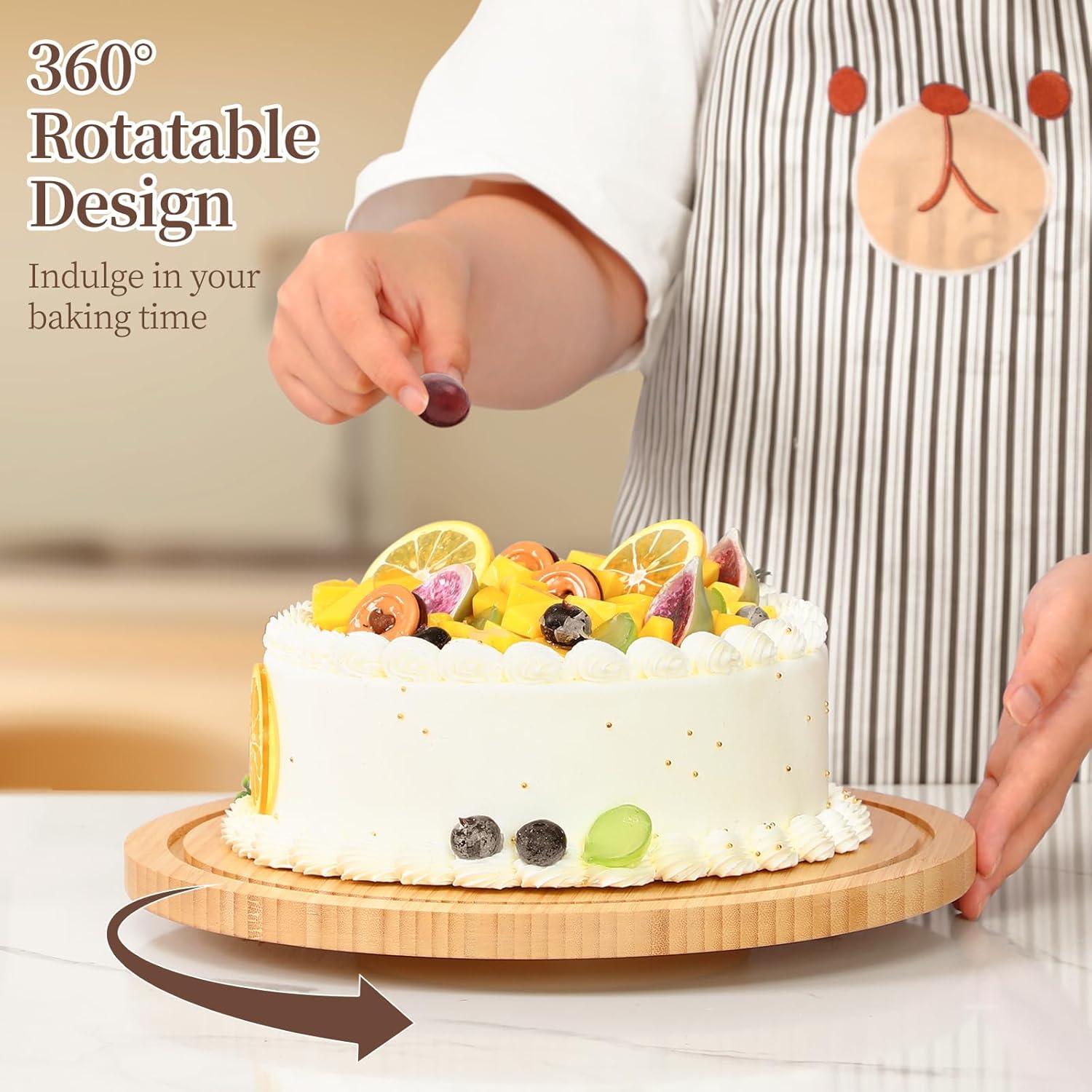 imageOhuhu Cake Stand with Lid Bamboo 2in1 Cake Turntable Cake Holder Plate Serving Platter with Acrylic Dome Three Detachable Supports for Birthday Kitchen Party Baking Decorative Mothers Day Gifts