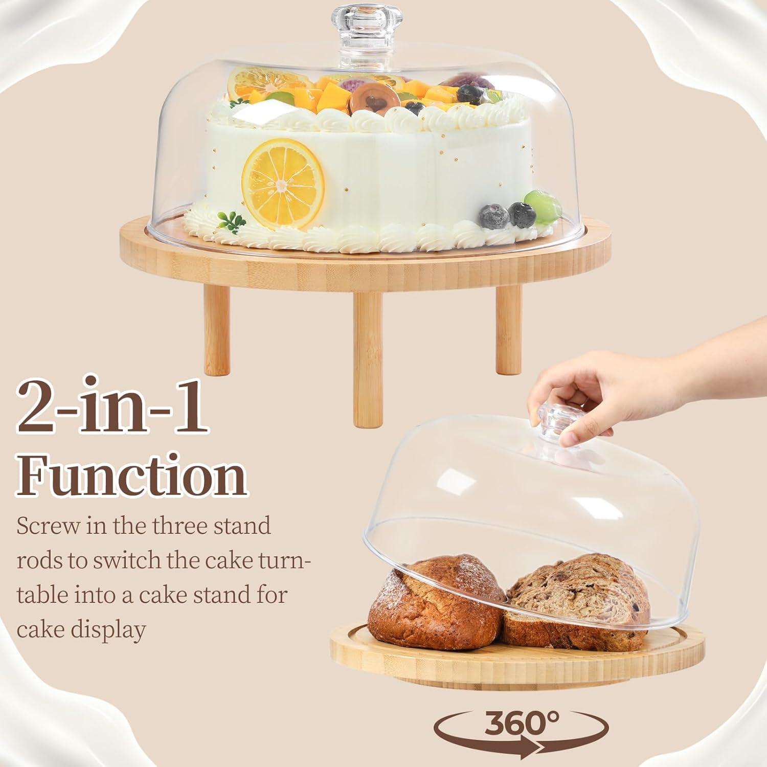 imageOhuhu Cake Stand with Lid Bamboo 2in1 Cake Turntable Cake Holder Plate Serving Platter with Acrylic Dome Three Detachable Supports for Birthday Kitchen Party Baking Decorative Mothers Day Gifts