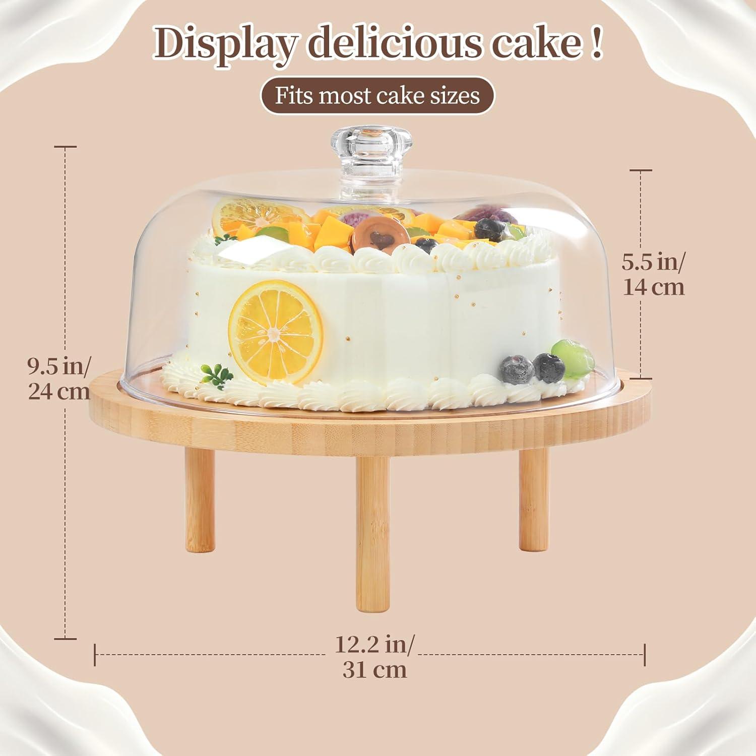 imageOhuhu Cake Stand with Lid Bamboo 2in1 Cake Turntable Cake Holder Plate Serving Platter with Acrylic Dome Three Detachable Supports for Birthday Kitchen Party Baking Decorative Mothers Day Gifts