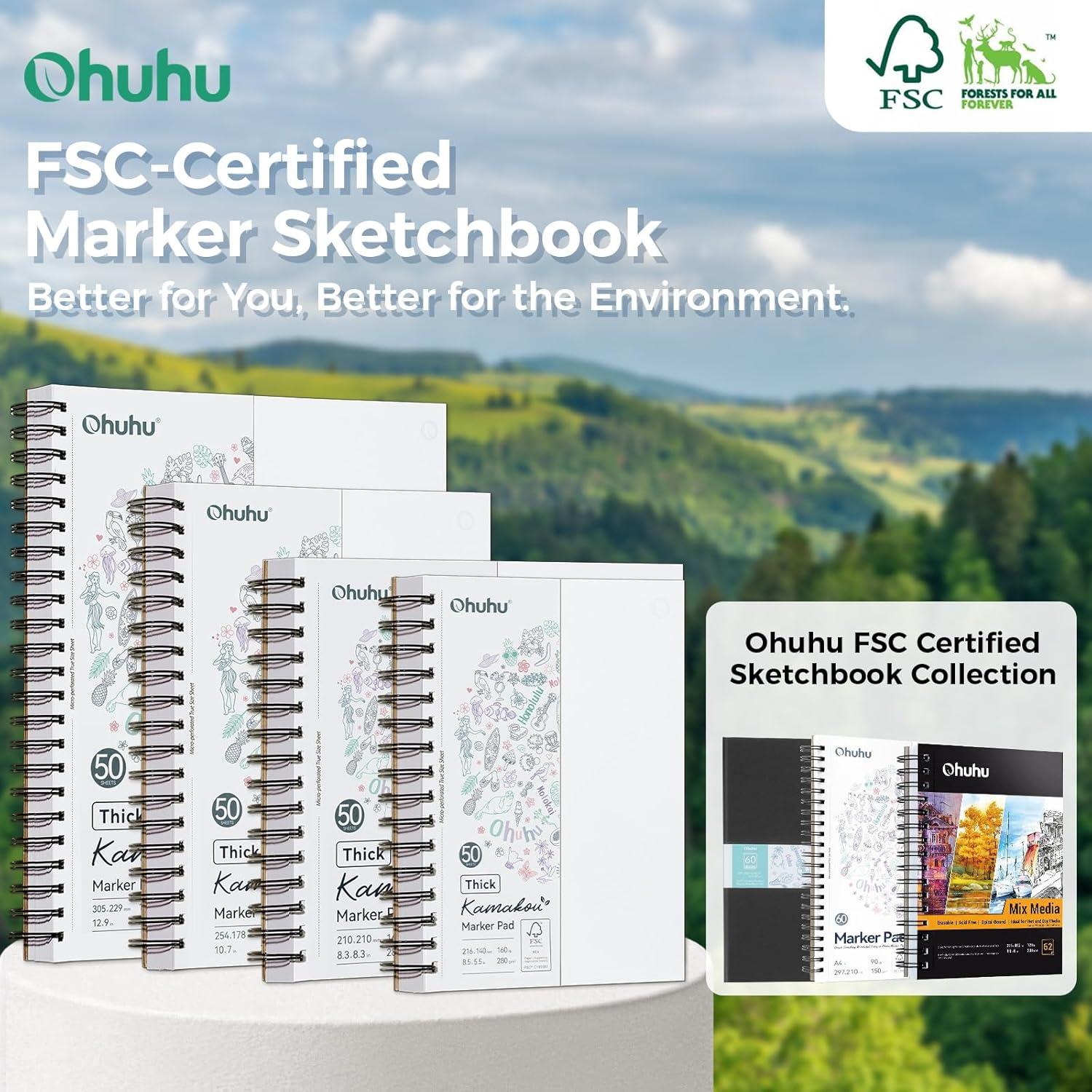 imageOhuhu DoubleSided Marker Pad Bleedproof Art Sketchbook 7quotx10quot Large 160 lb280 GSM Heavyweight Smooth Paper 50 Sheets100 Pages SpiralBound Drawing Book for Alcohol Markers55 x 85