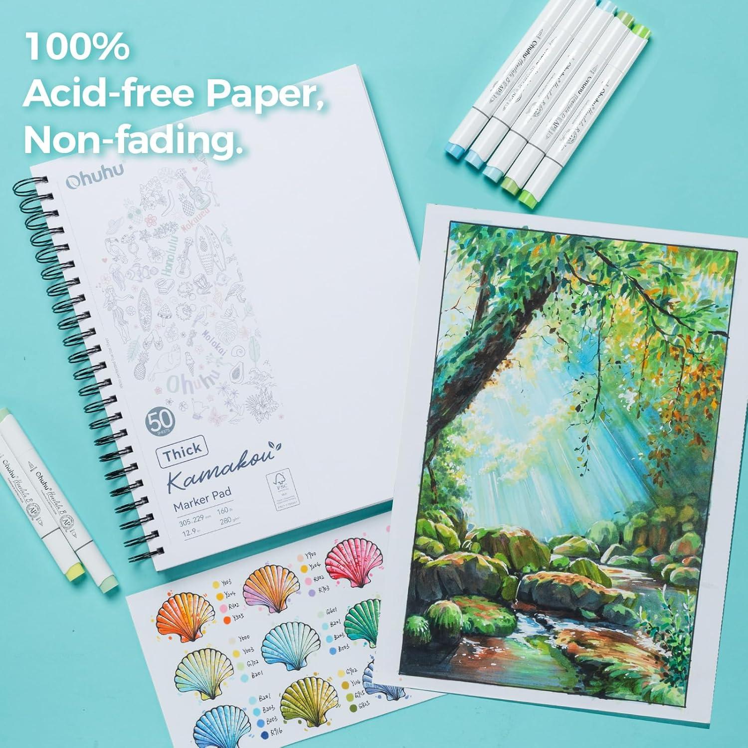 imageOhuhu DoubleSided Marker Pad Bleedproof Art Sketchbook 7quotx10quot Large 160 lb280 GSM Heavyweight Smooth Paper 50 Sheets100 Pages SpiralBound Drawing Book for Alcohol Markers9 x 12