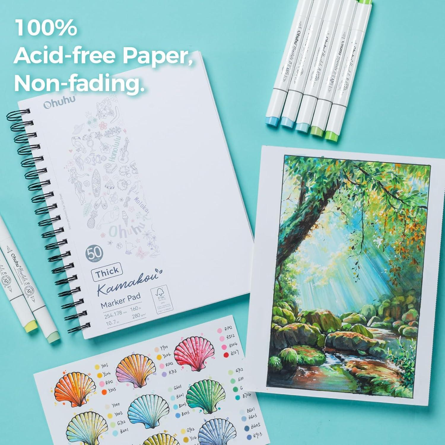 imageOhuhu DoubleSided Marker Pad Bleedproof Art Sketchbook 7quotx10quot Large 160 lb280 GSM Heavyweight Smooth Paper 50 Sheets100 Pages SpiralBound Drawing Book for Alcohol Markers7 x 10