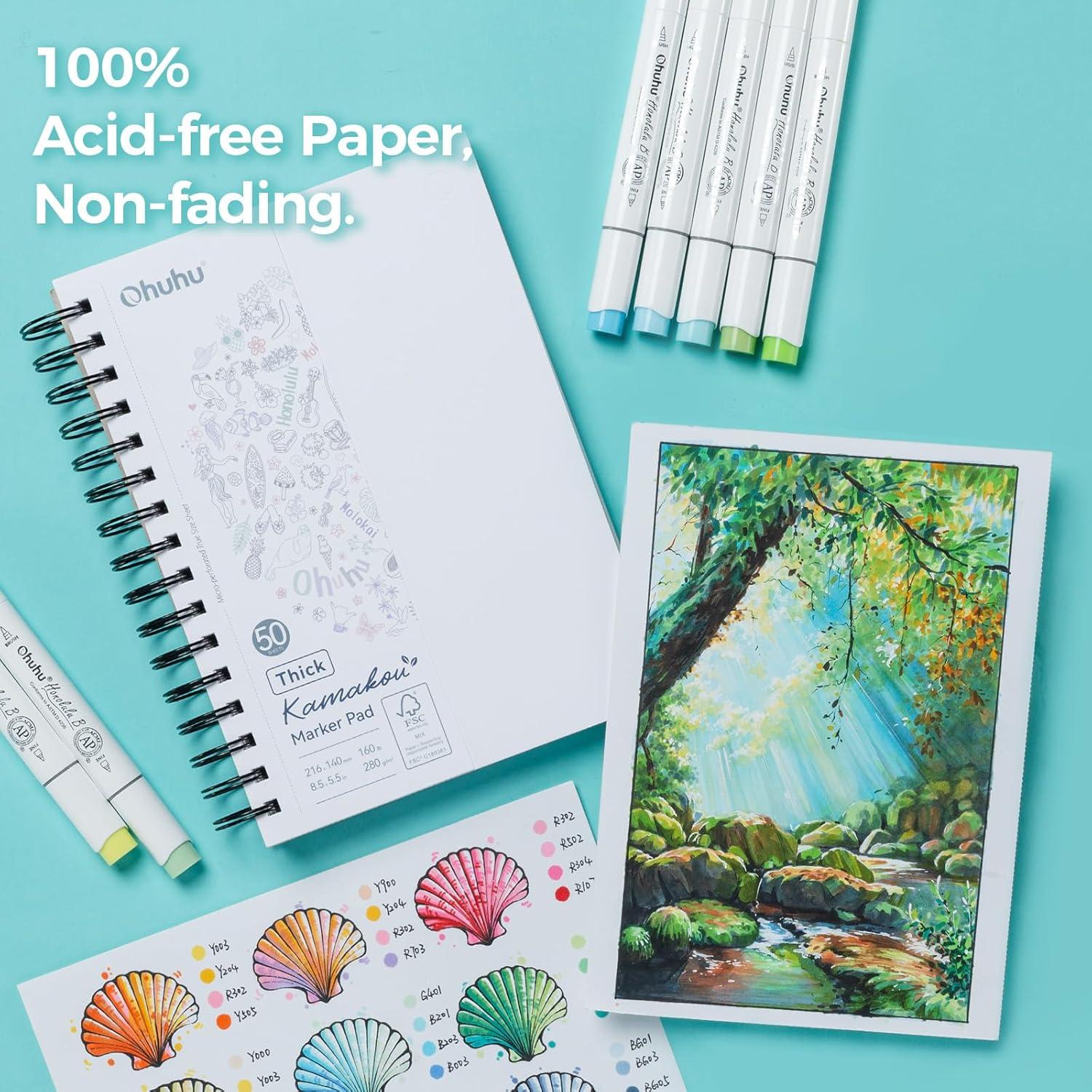 imageOhuhu DoubleSided Marker Pad Bleedproof Art Sketchbook 7quotx10quot Large 160 lb280 GSM Heavyweight Smooth Paper 50 Sheets100 Pages SpiralBound Drawing Book for Alcohol Markers55 x 85