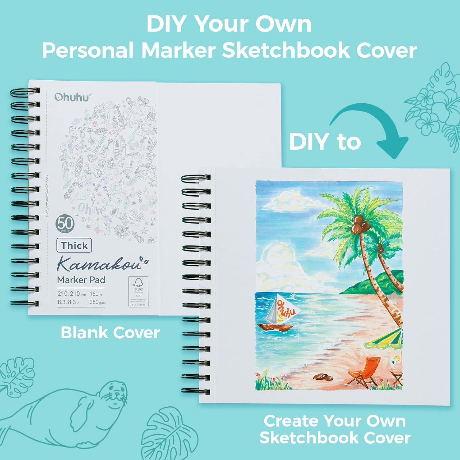 imageOhuhu DoubleSided Marker Pad Bleedproof Art Sketchbook 7quotx10quot Large 160 lb280 GSM Heavyweight Smooth Paper 50 Sheets100 Pages SpiralBound Drawing Book for Alcohol Markers83 x 83