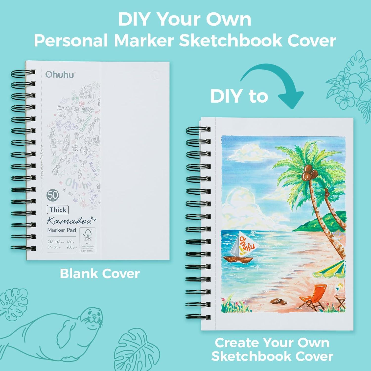 imageOhuhu DoubleSided Marker Pad Bleedproof Art Sketchbook 7quotx10quot Large 160 lb280 GSM Heavyweight Smooth Paper 50 Sheets100 Pages SpiralBound Drawing Book for Alcohol Markers55 x 85