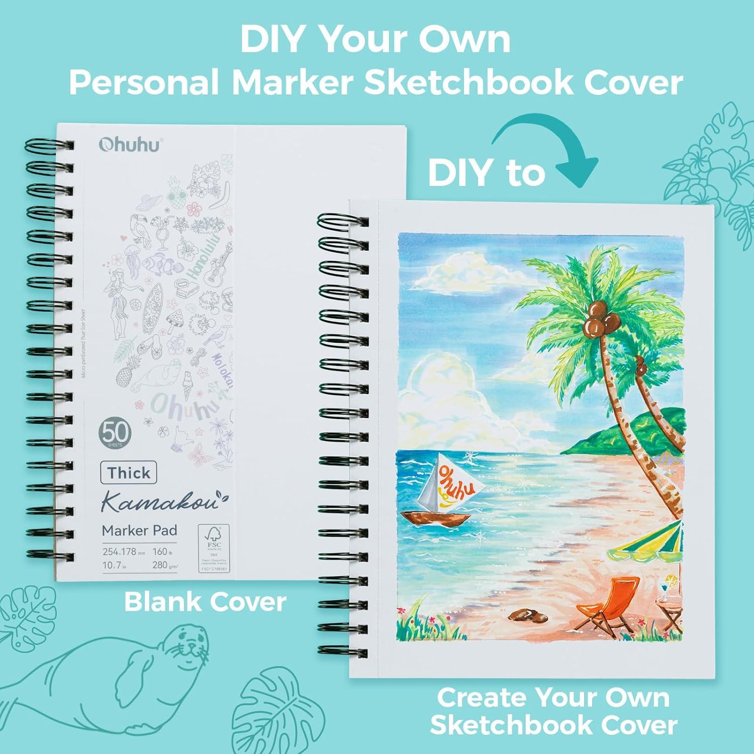 imageOhuhu DoubleSided Marker Pad Bleedproof Art Sketchbook 7quotx10quot Large 160 lb280 GSM Heavyweight Smooth Paper 50 Sheets100 Pages SpiralBound Drawing Book for Alcohol Markers7 x 10