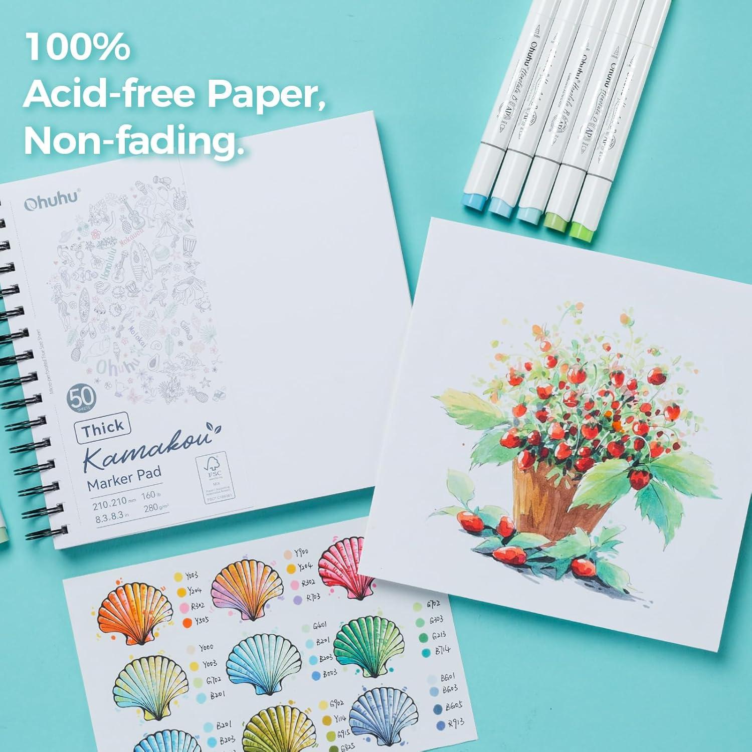 imageOhuhu DoubleSided Marker Pad Bleedproof Art Sketchbook 7quotx10quot Large 160 lb280 GSM Heavyweight Smooth Paper 50 Sheets100 Pages SpiralBound Drawing Book for Alcohol Markers83 x 83