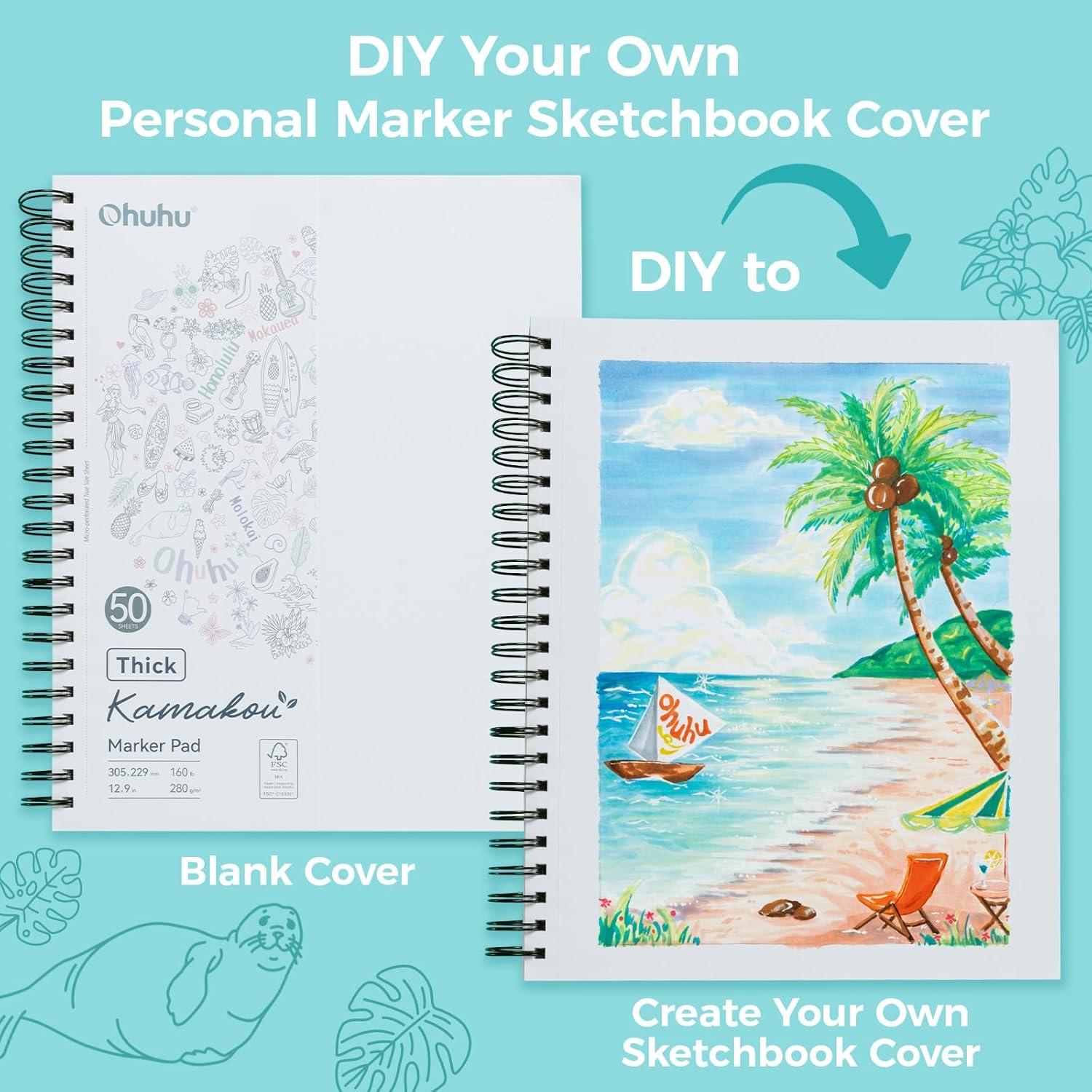 imageOhuhu DoubleSided Marker Pad Bleedproof Art Sketchbook 7quotx10quot Large 160 lb280 GSM Heavyweight Smooth Paper 50 Sheets100 Pages SpiralBound Drawing Book for Alcohol Markers9 x 12