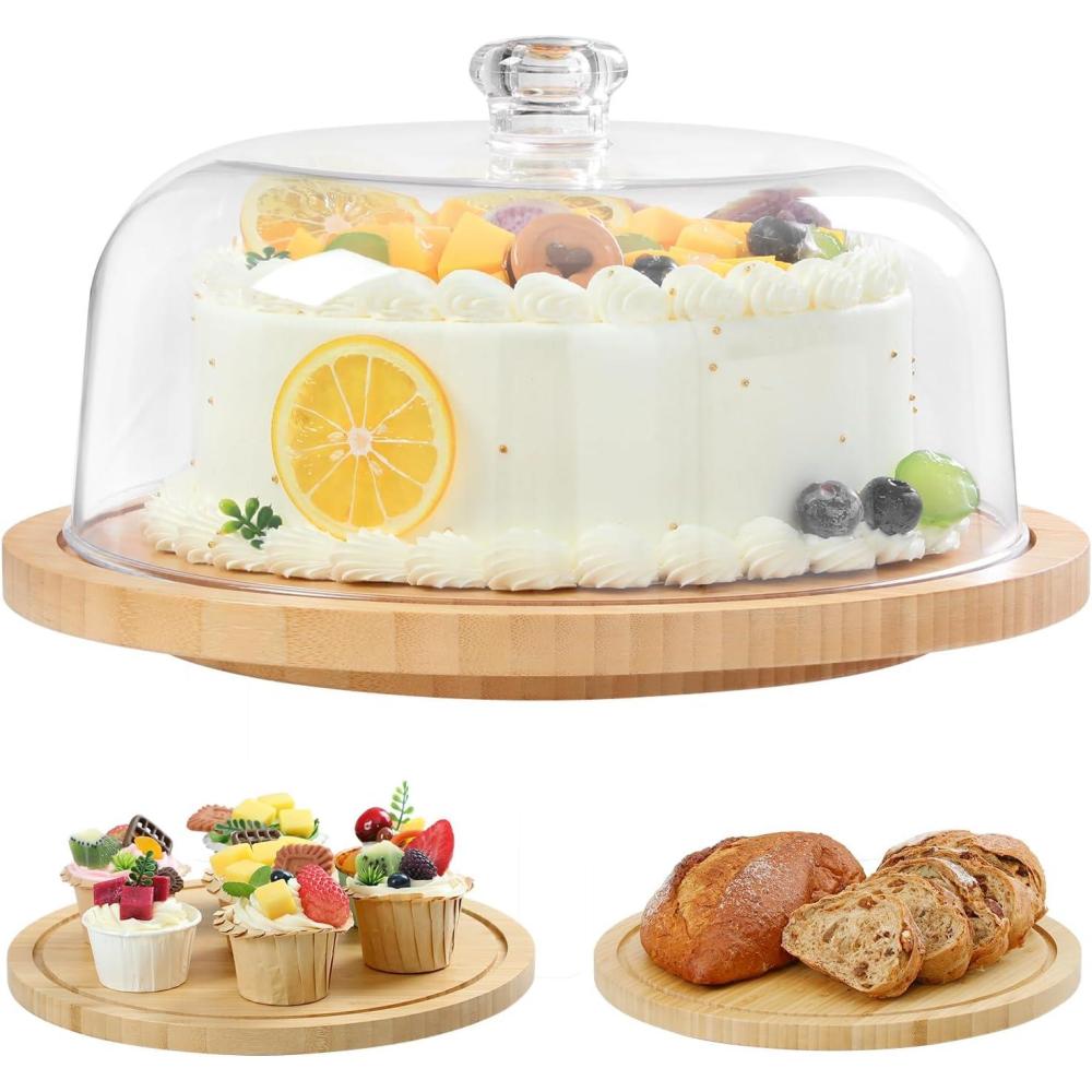 imageOhuhu Cake Stand with Lid Bamboo 2in1 Cake Turntable Cake Holder Plate Serving Platter with Acrylic Dome Three Detachable Supports for Birthday Kitchen Party Baking Decorative Mothers Day Gifts