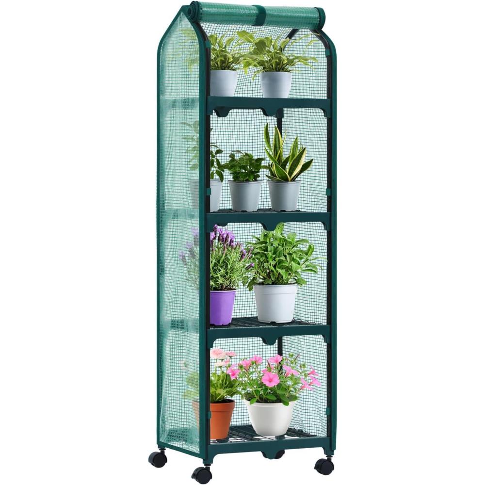 imageOhuhu Mini Greenhouse for Indoor Outdoor Small Plastic Plant Green House with Locking Wheels Portable Greenhouses with Durable Cover for SeedlingIdeal Gardening Gifts for Women Men WhiteGreen PE