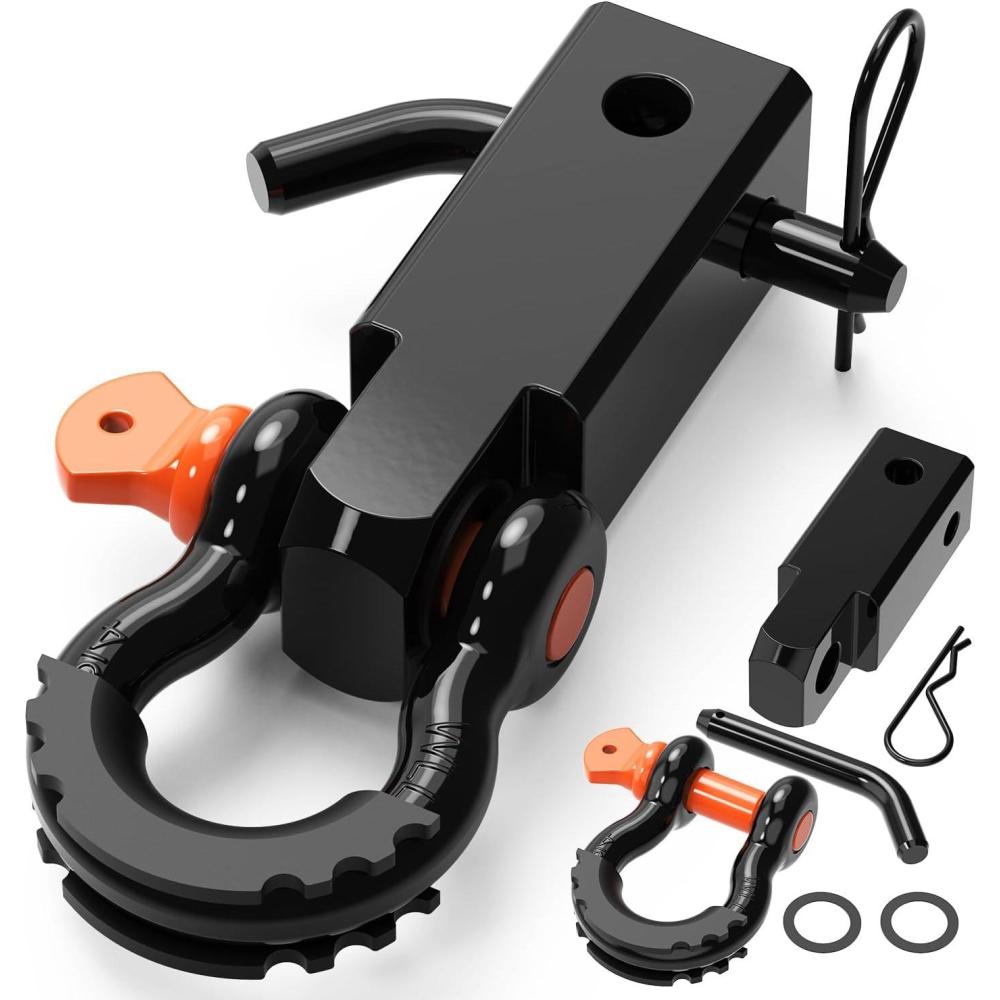 imageOhuhu Shackle Hitch Receiver 2quot 44000 Lbs Break Strength Heavy Duty Receiver with 58quot Trailer Hitch Lock Pin and 34quot D Ring Shackles with Isolator Towing Accessories for Trailer Recovery OffRoadWith Isolator