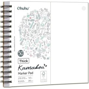 Ohuhu Double-Sided Marker Pad, Bleedproof Art Sketchbook – 7″x10″ Large, 160 lb/280 GSM Heavyweight Smooth Paper – 50 Sheets/100 Pages, Spiral-Bound Drawing Book for Alcohol Markers(8.3″ x 8.3″)