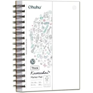 Ohuhu Double-Sided Marker Pad, Bleedproof Art Sketchbook – 7″x10″ Large, 160 lb/280 GSM Heavyweight Smooth Paper – 50 Sheets/100 Pages, Spiral-Bound Drawing Book for Alcohol Markers(5.5″ x 8.5″)