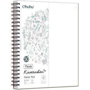 Ohuhu Double-Sided Marker Pad, Bleedproof Art Sketchbook – 7″x10″ Large, 160 lb/280 GSM Heavyweight Smooth Paper – 50 Sheets/100 Pages, Spiral-Bound Drawing Book for Alcohol Markers(9″ x 12″)
