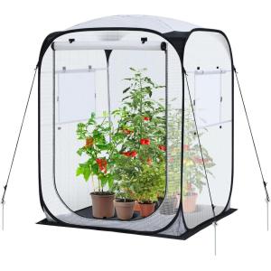 Ohuhu Pop Up House – Fast Set-up Small Greenhouse Walk in Portable Greenhouses Indoor Outdoor with Removable PE Mat & Mesh Window for Protecting Plant from Cold Frost & Birds 48 x 48 x 63.7”(White)