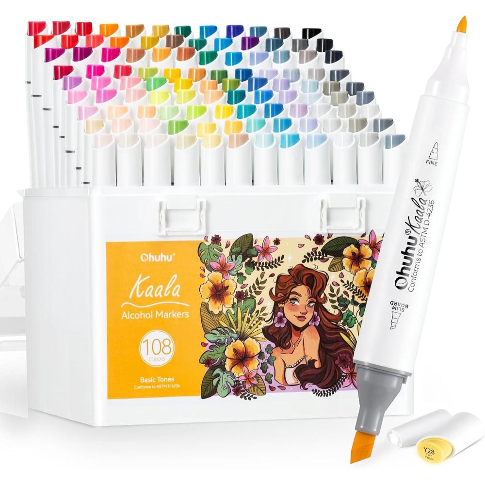 imageOhuhu Alcohol Markers 108 Colors Fine ampamp Slim Broad Chisel Dual Tips Alcoholbased Refillable Art Markers for Artist Adult Coloring Book Illustration Drawing Manga 108 Set Kaala108 Vibrant Colors 1 Colorless Blender