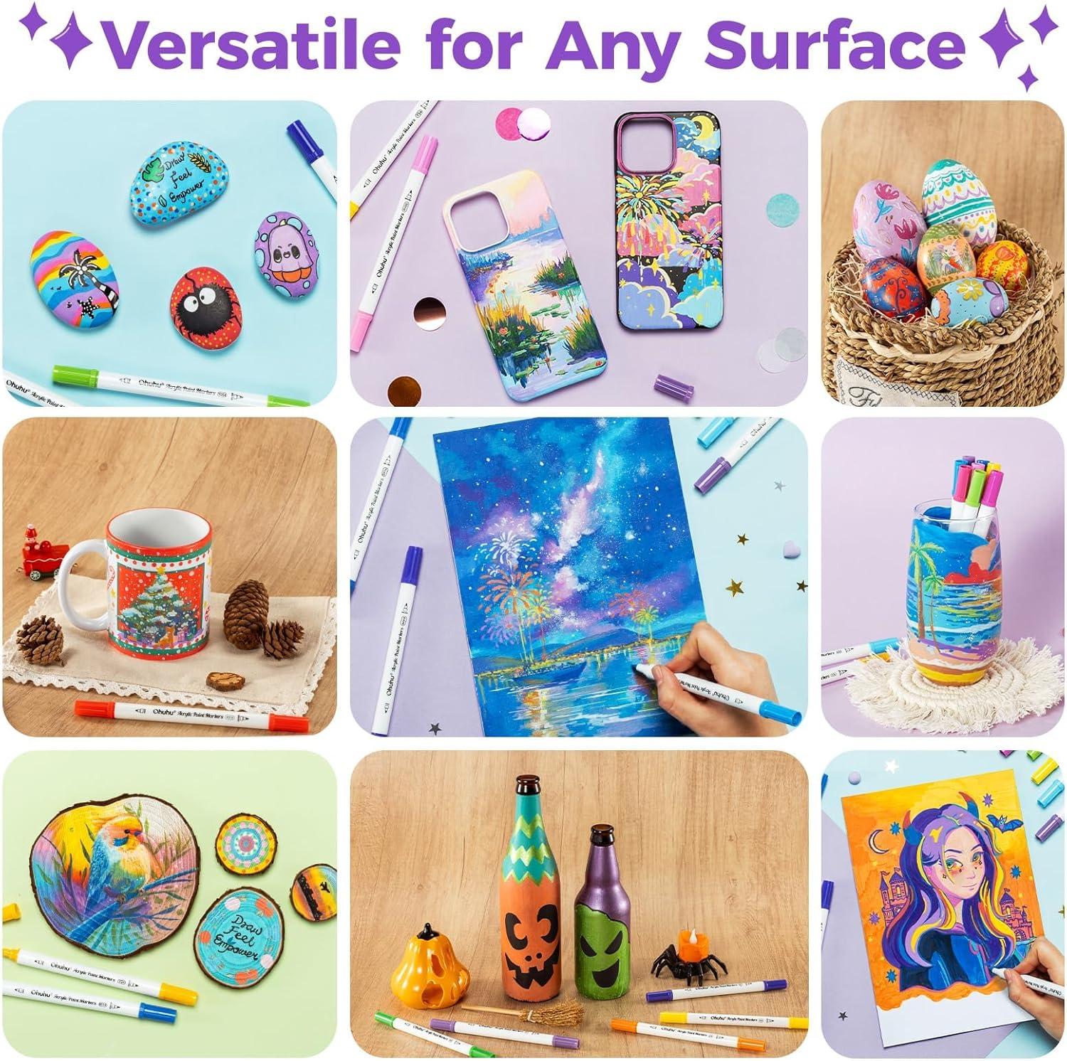 imageOhuhu Acrylic Paint Markers Dual Tips 72 Colors Brush ampamp Fine Paint Pens High Opacity Acrylic Markers Waterproof Lightfast for Christmas Gifts Rock Painting 3D Prints Egg Wood Glass Ceramic DIY CraftsFine  Dot