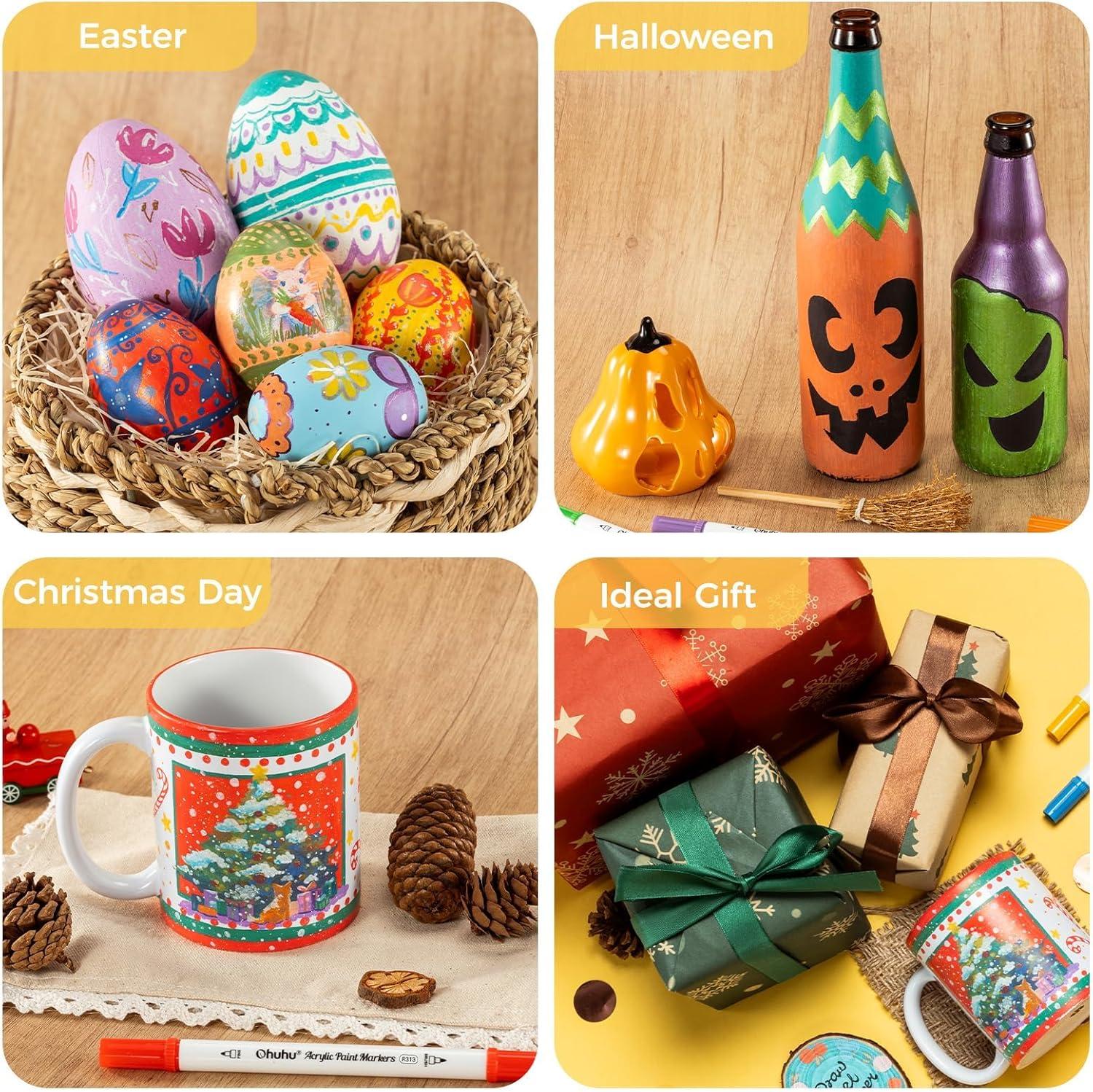 imageOhuhu Acrylic Paint Markers Dual Tips 72 Colors Brush ampamp Fine Paint Pens High Opacity Acrylic Markers Waterproof Lightfast for Christmas Gifts Rock Painting 3D Prints Egg Wood Glass Ceramic DIY CraftsFine  Dot