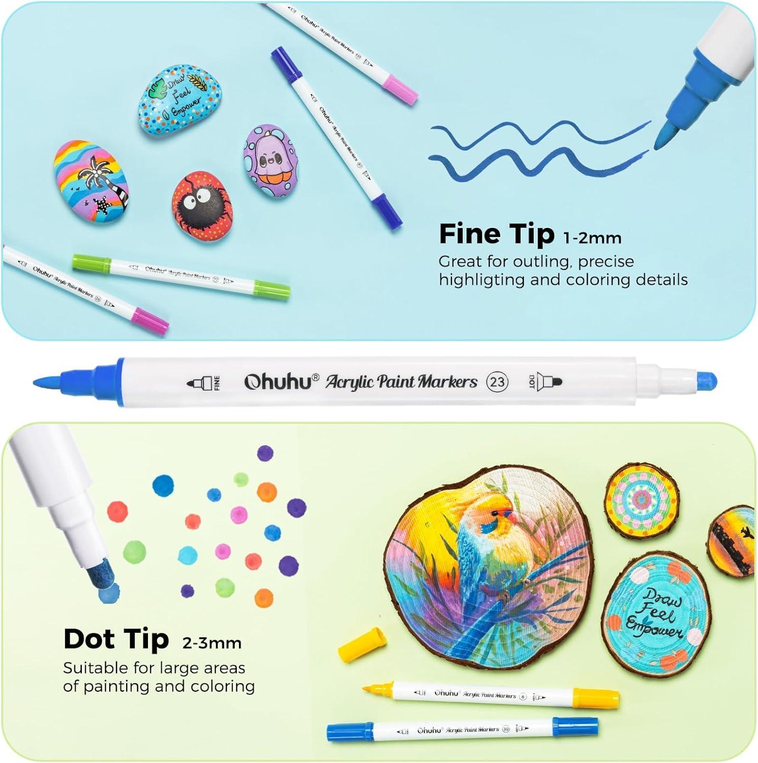 imageOhuhu Acrylic Paint Markers Dual Tips 72 Colors Brush ampamp Fine Paint Pens High Opacity Acrylic Markers Waterproof Lightfast for Christmas Gifts Rock Painting 3D Prints Egg Wood Glass Ceramic DIY CraftsFine  Dot