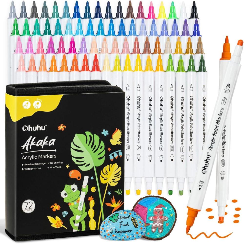 imageOhuhu Acrylic Paint Markers Dual Tips 72 Colors Brush ampamp Fine Paint Pens High Opacity Acrylic Markers Waterproof Lightfast for Christmas Gifts Rock Painting 3D Prints Egg Wood Glass Ceramic DIY CraftsFine  Dot
