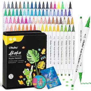 Ohuhu Acrylic Paint Markers Dual Tips: 72 Colors Brush & Fine Paint Pens High Opacity Acrylic Markers Waterproof Lightfast for Christmas Gifts Rock Painting 3D Prints Egg Wood Glass Ceramic DIY Crafts(Brush & Dot)